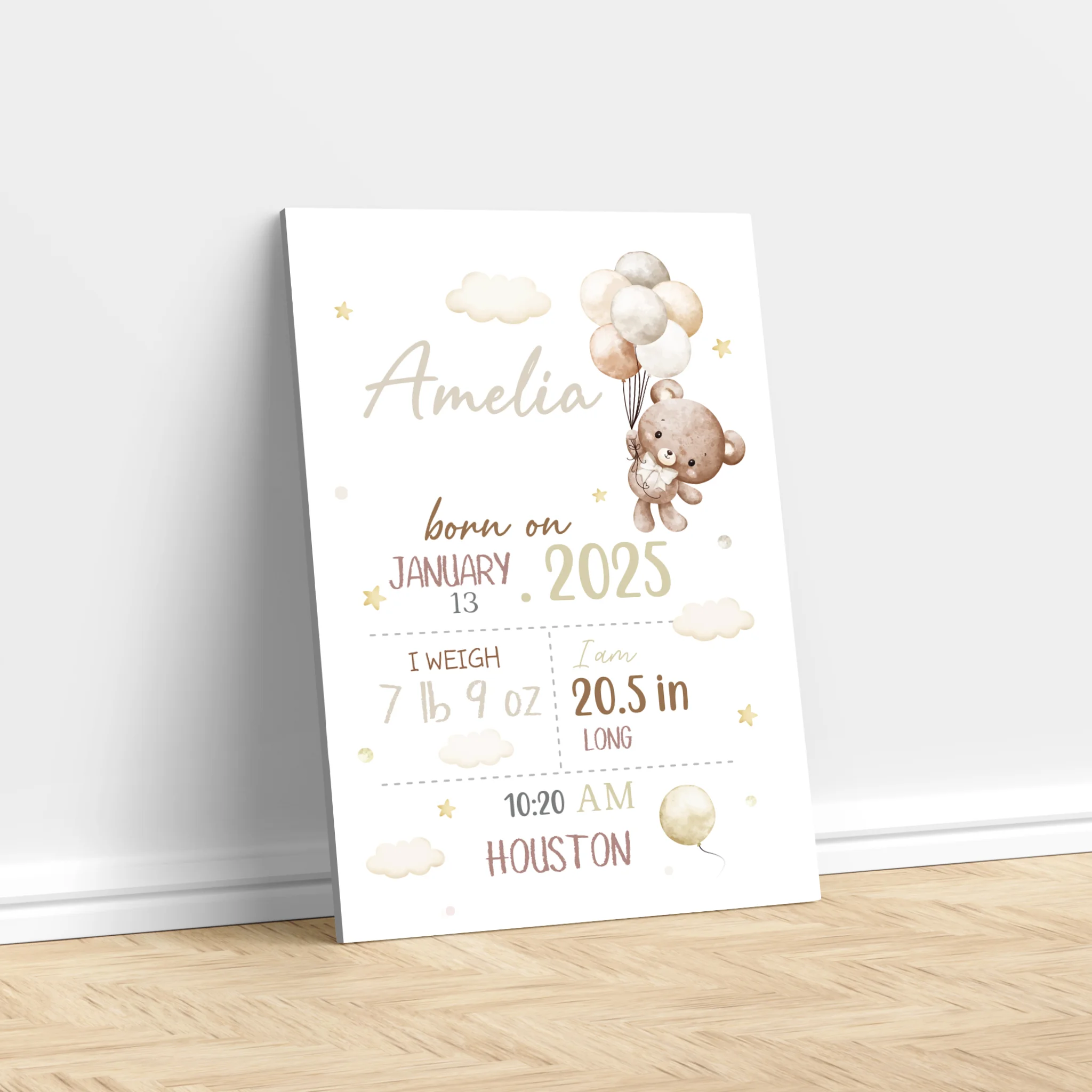 Personalized Canvas – Baby Birth Teddy Bear Announcement