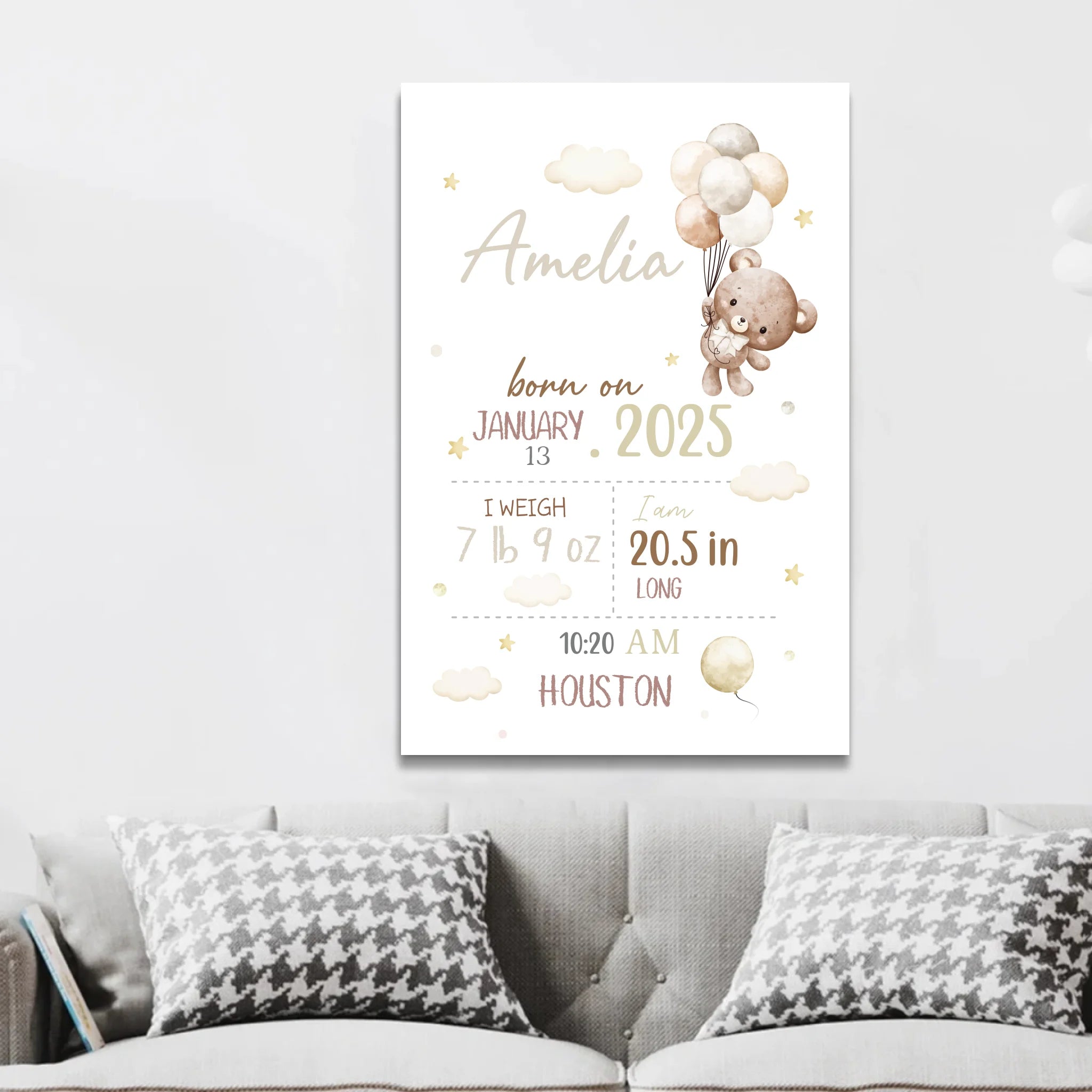 Personalized Canvas – Baby Birth Teddy Bear Announcement