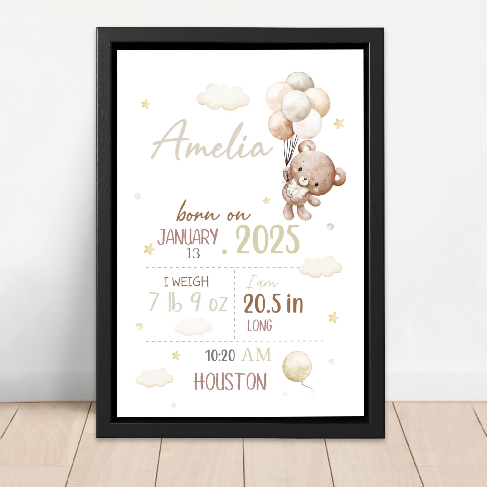 Personalized Canvas – Baby Birth Teddy Bear Announcement