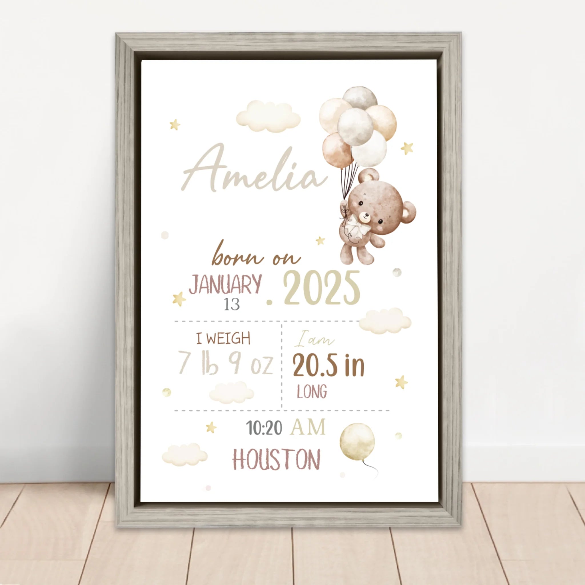 Personalized Canvas – Baby Birth Teddy Bear Announcement