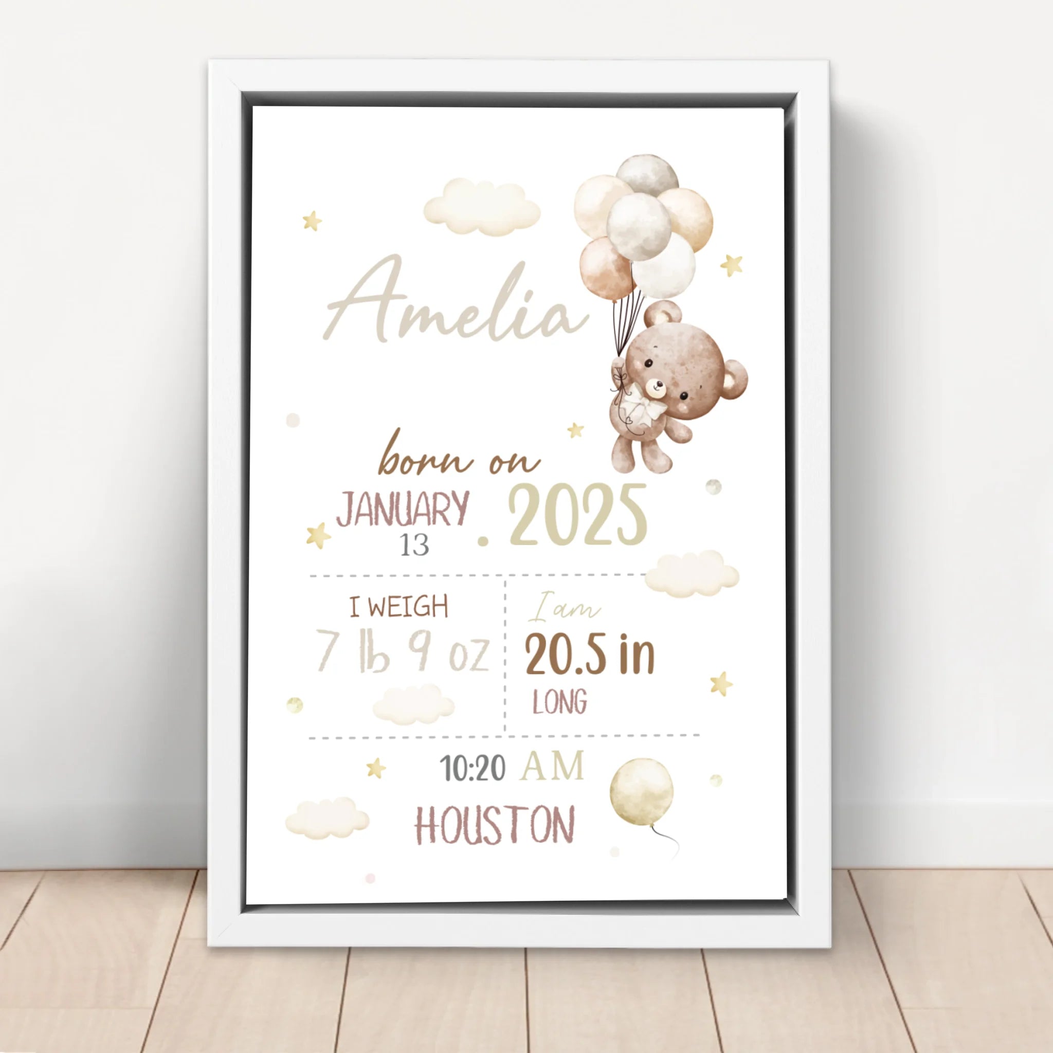 Personalized Canvas – Baby Birth Teddy Bear Announcement