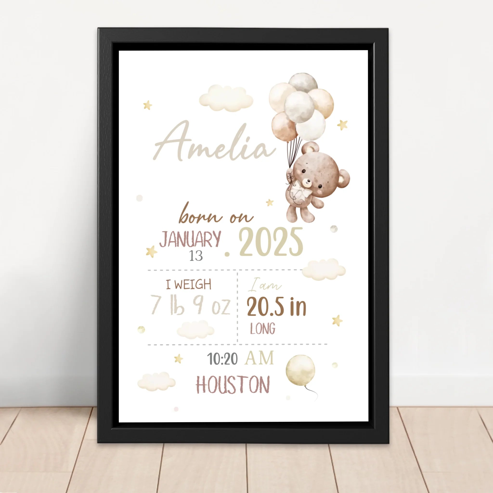 Personalized Canvas – Baby Birth Teddy Bear Announcement