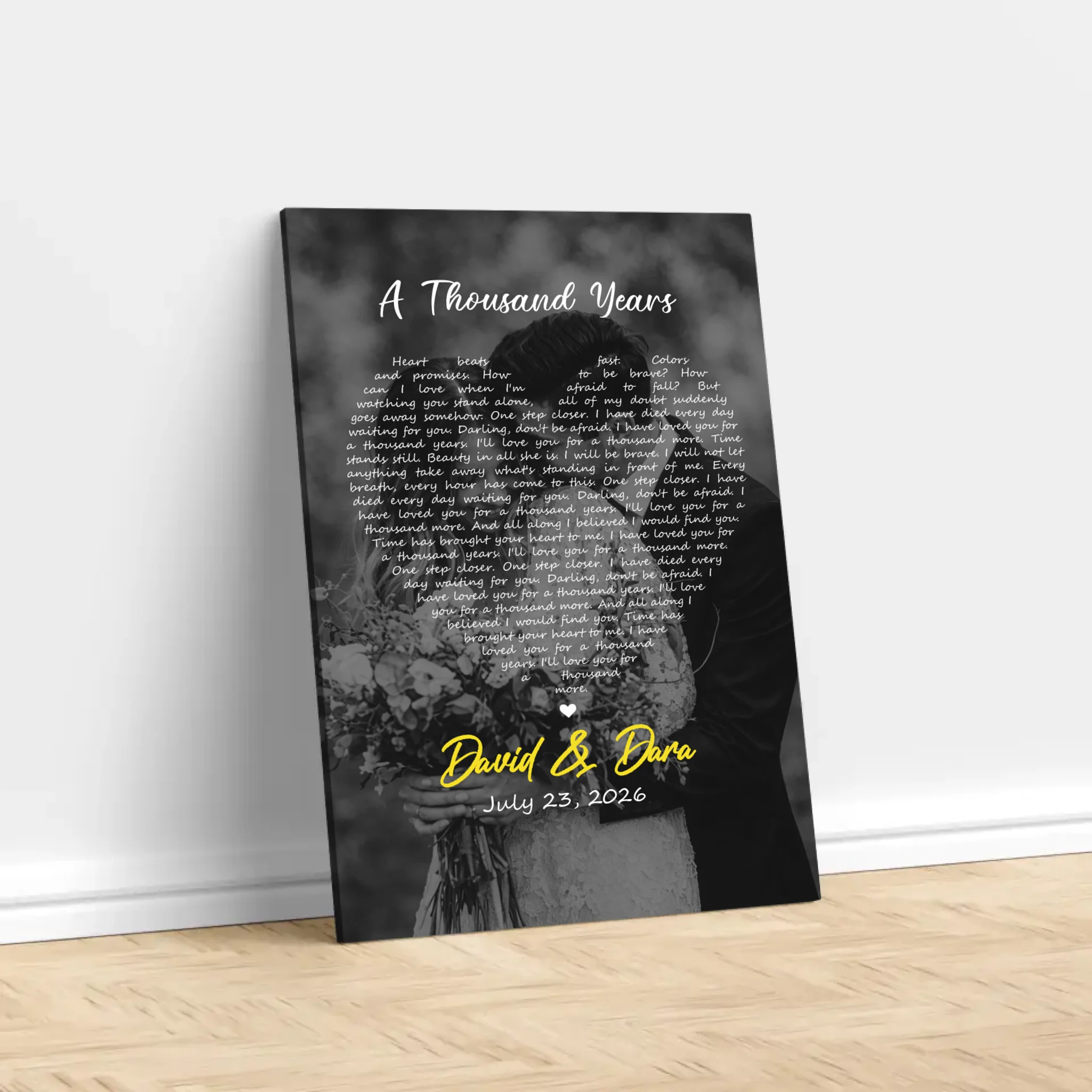 Personalized Canvas – Heart-Shaped B&W Song Lyrics-Vertical