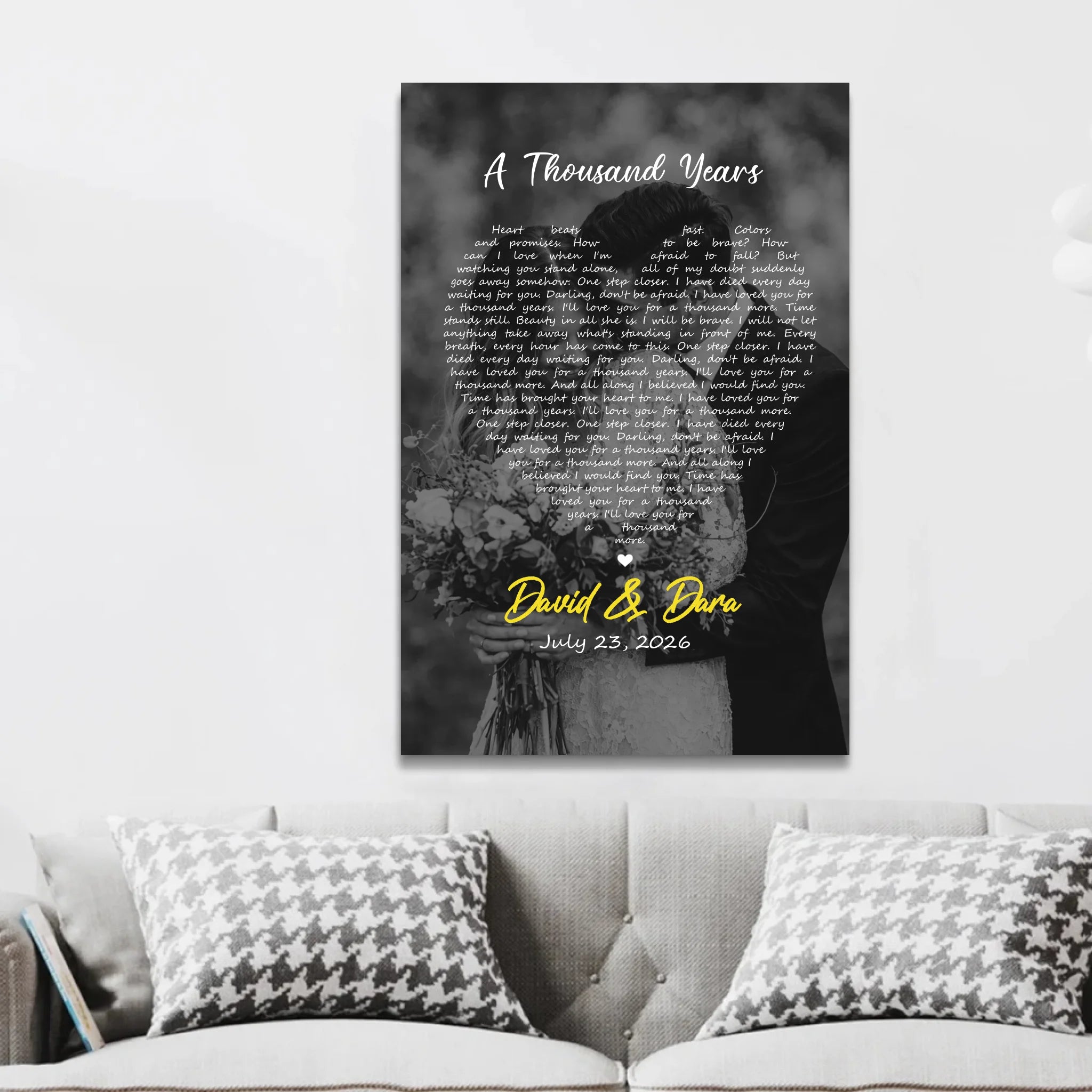 Personalized Canvas – Heart-Shaped B&W Song Lyrics-Vertical