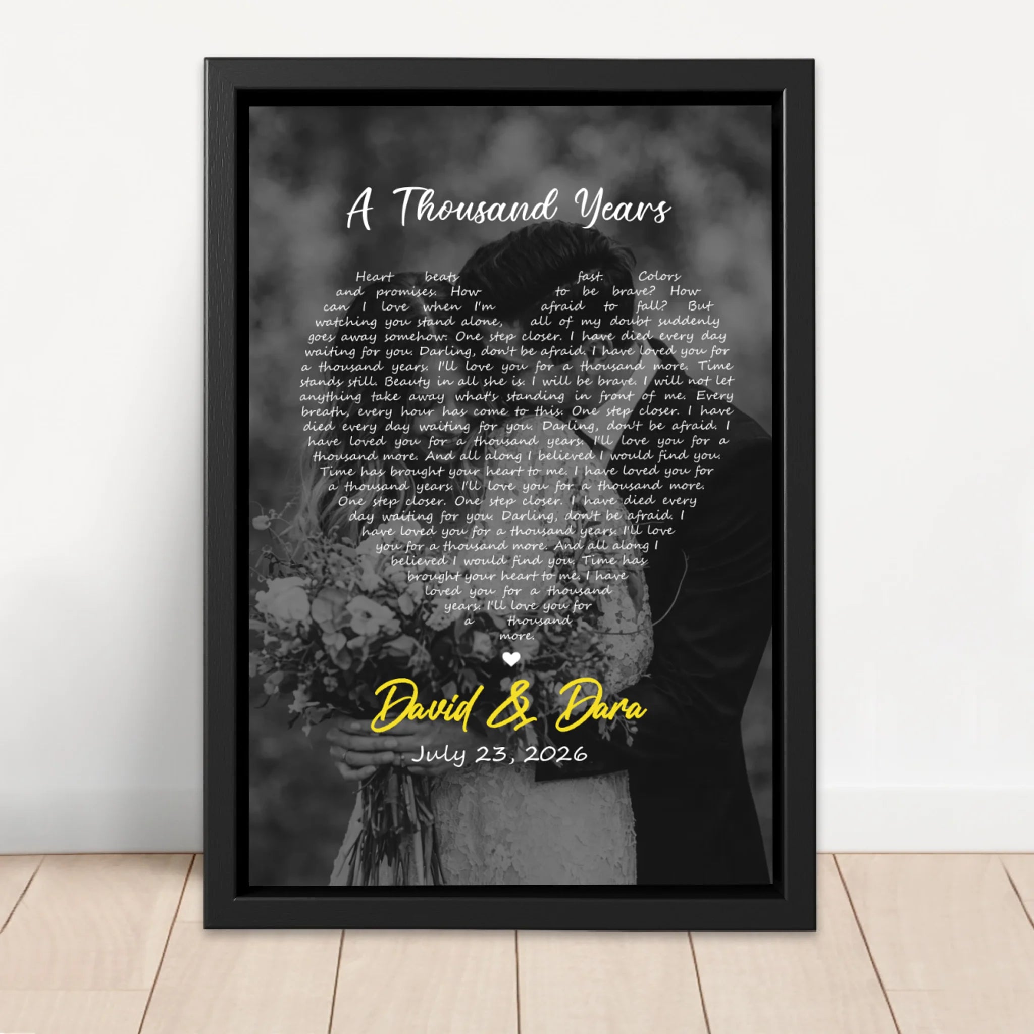 Personalized Canvas – Heart-Shaped B&W Song Lyrics-Vertical