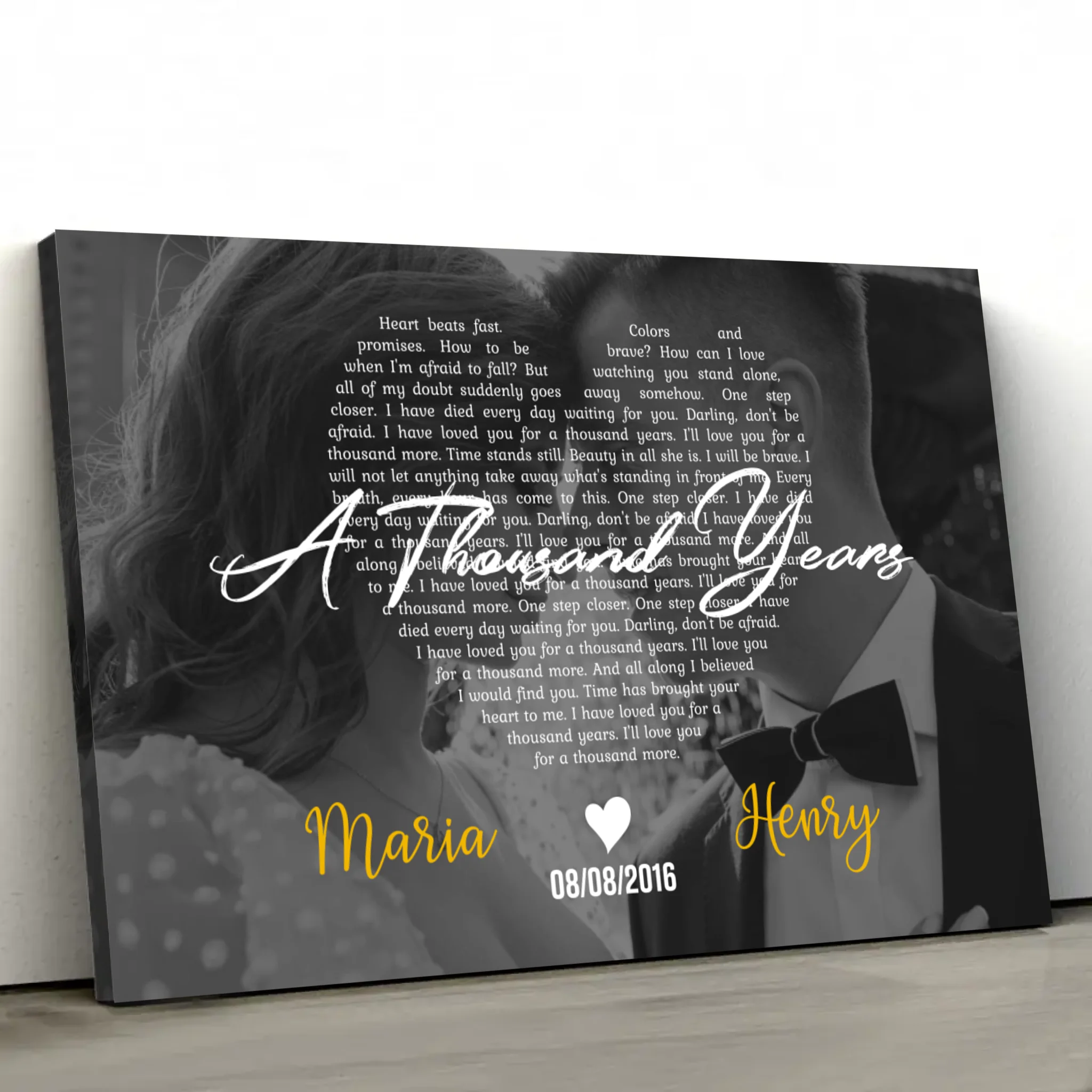 Personalized Canvas – Heart-Shaped B&W Song Lyrics