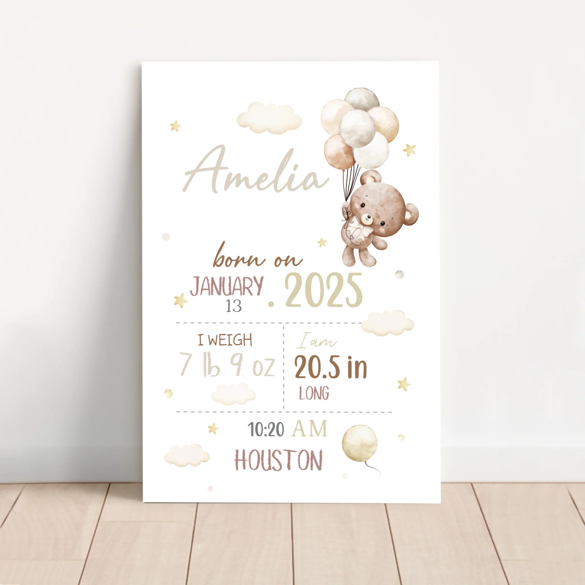 Personalized Canvas – Baby Birth Teddy Bear Announcement