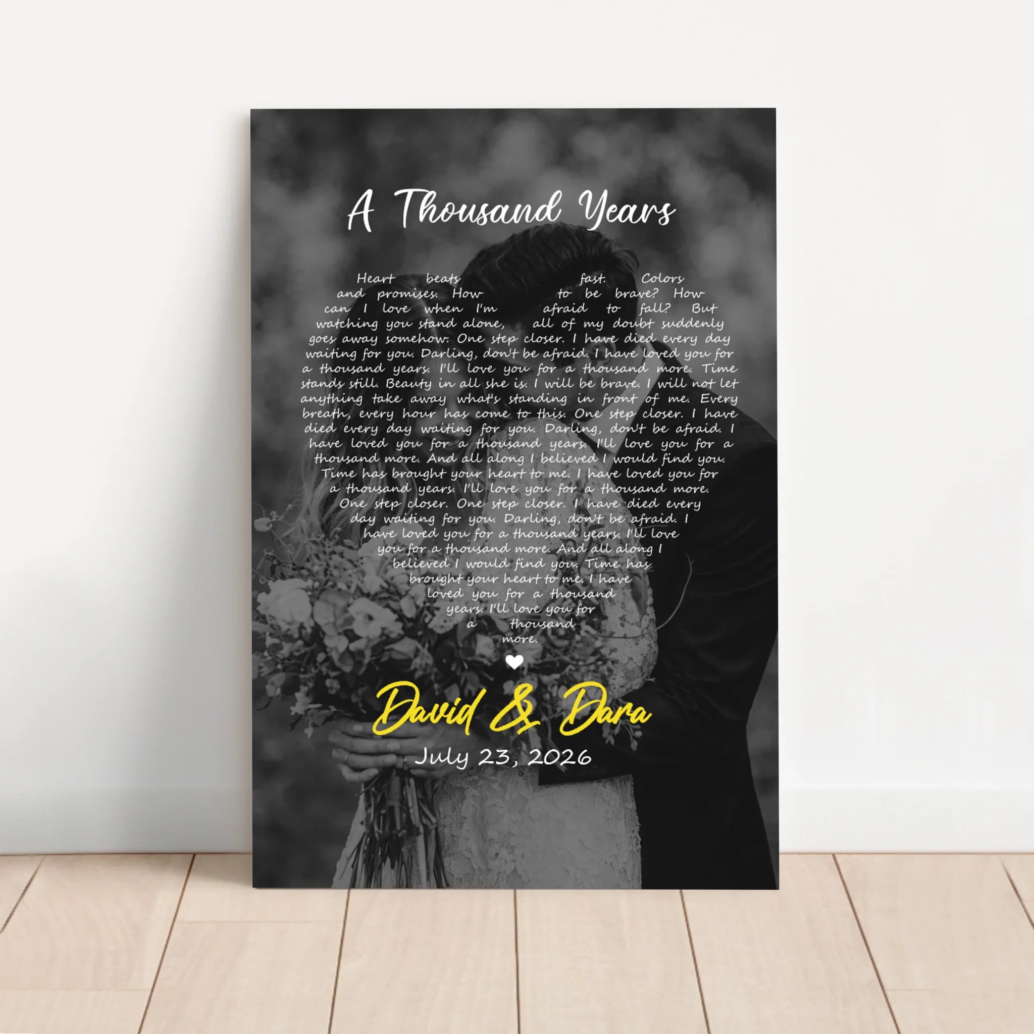 Personalized Canvas – Heart-Shaped B&W Song Lyrics-Vertical