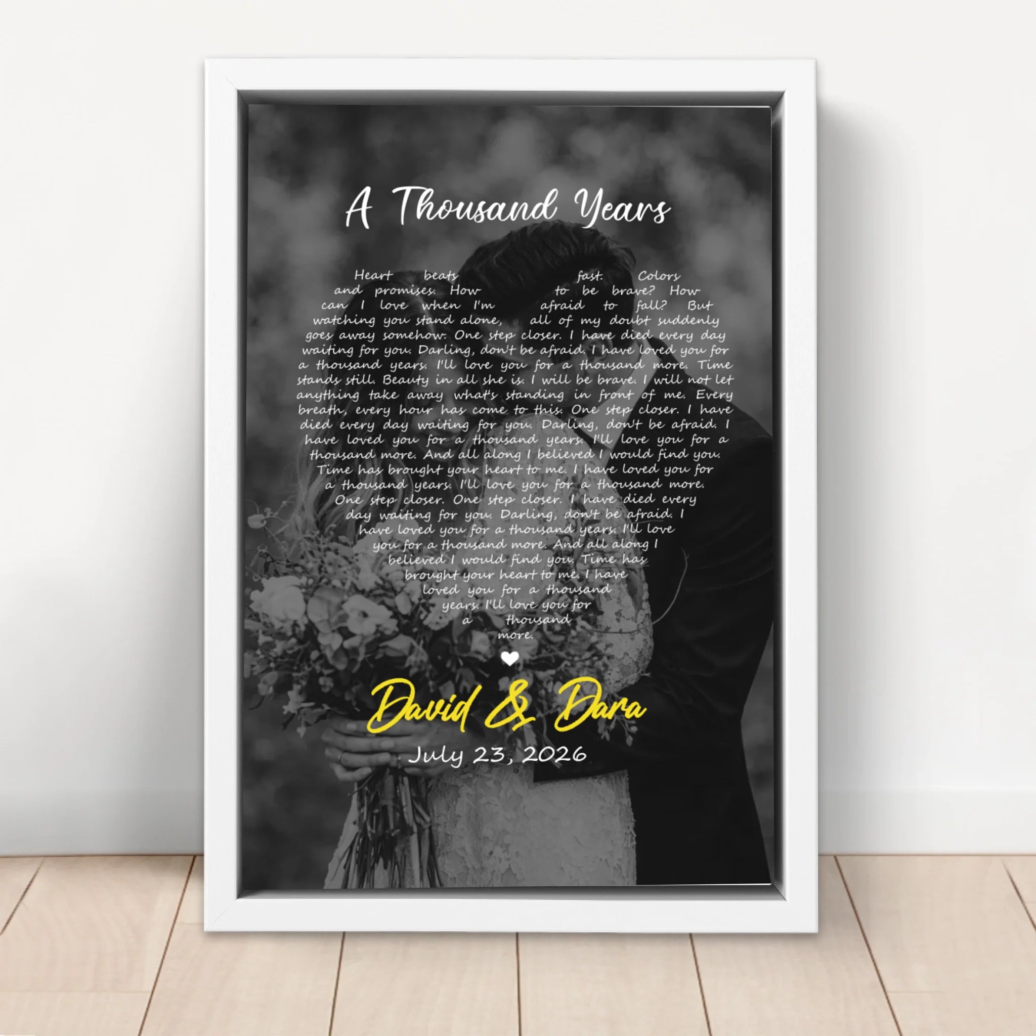 Personalized Canvas – Heart-Shaped B&W Song Lyrics-Vertical