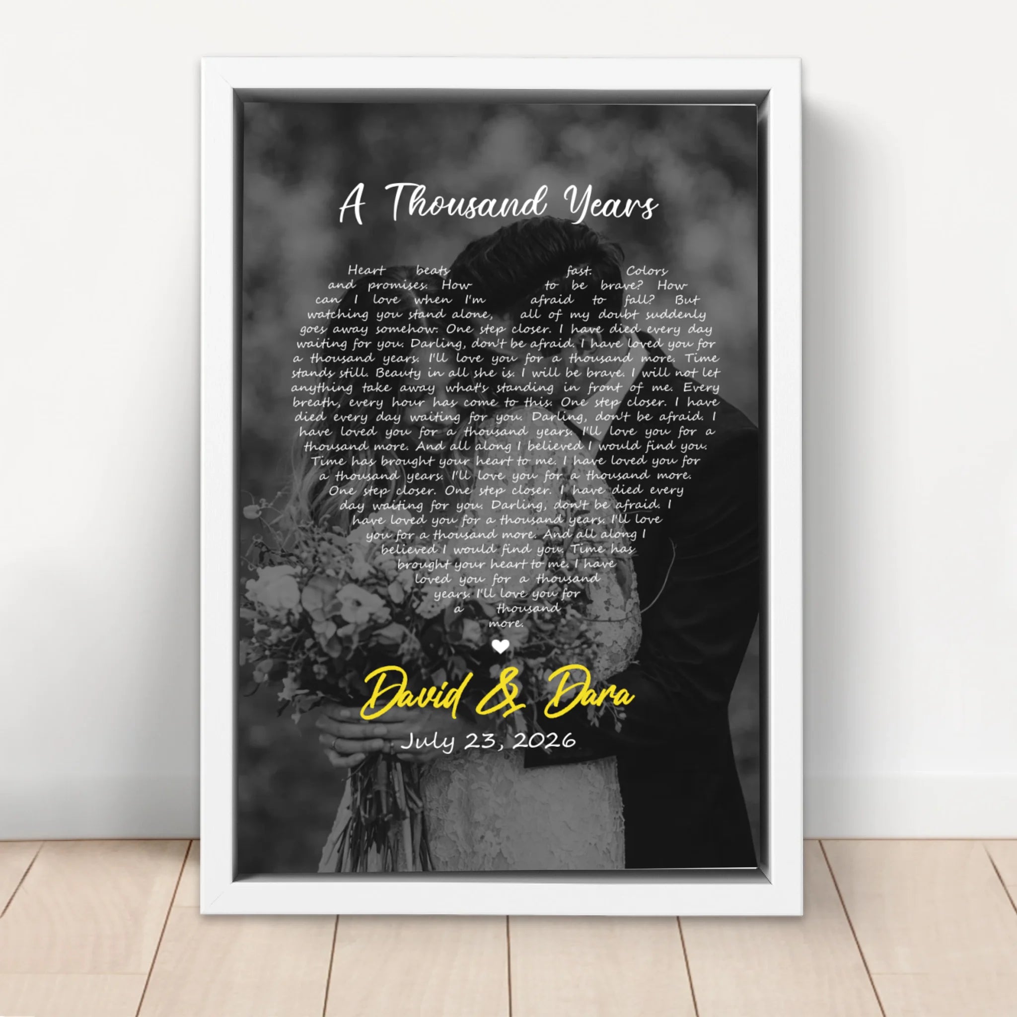 Personalized Canvas – Heart-Shaped B&W Song Lyrics-Vertical