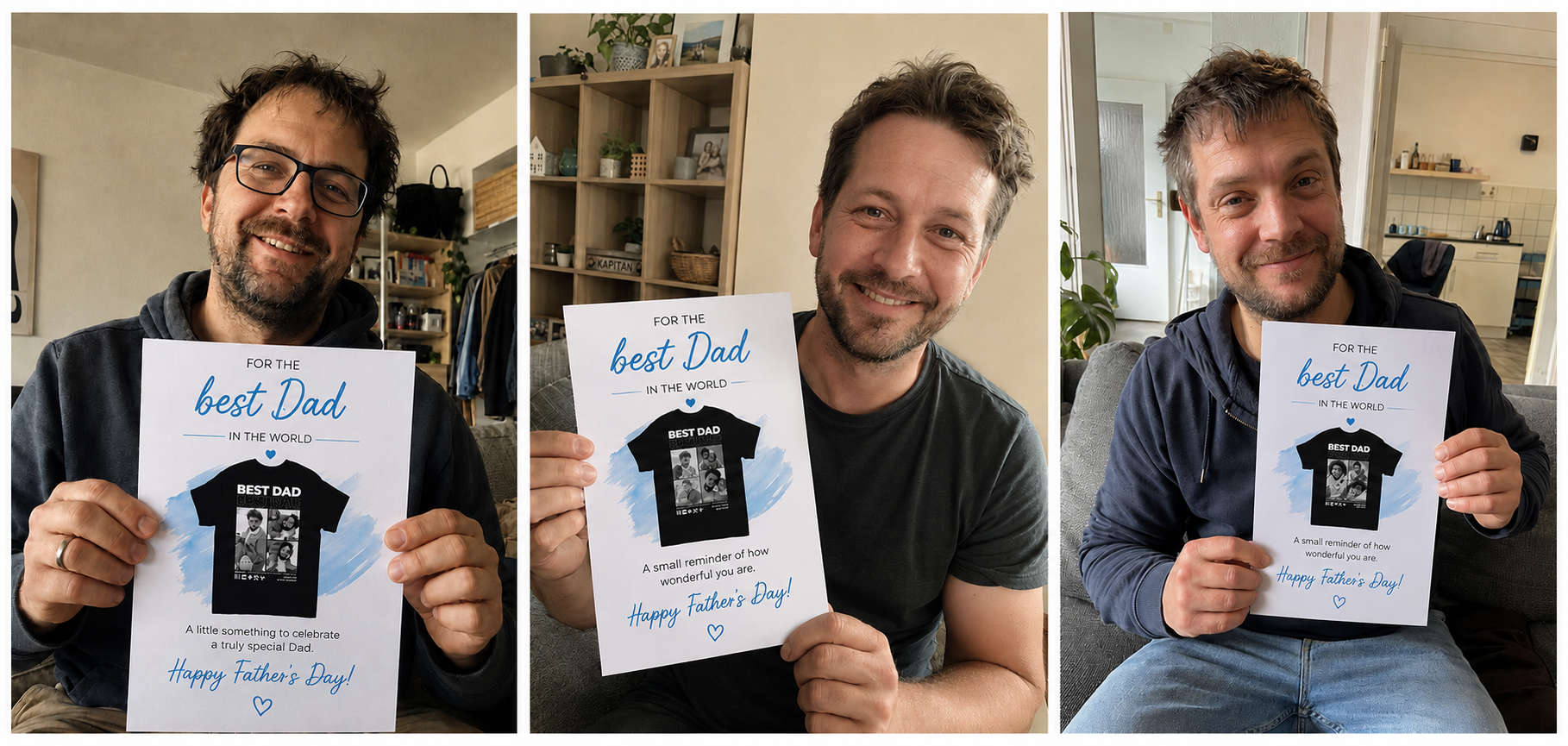 Real dads with their announcement card